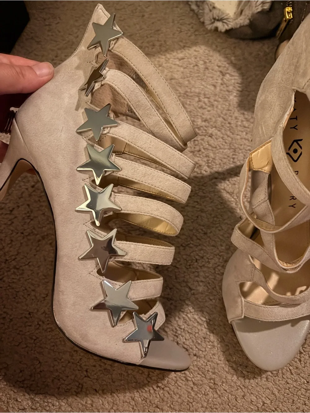 Katy Perry Collections Beige Suede Star-Embellished Strappy Heels